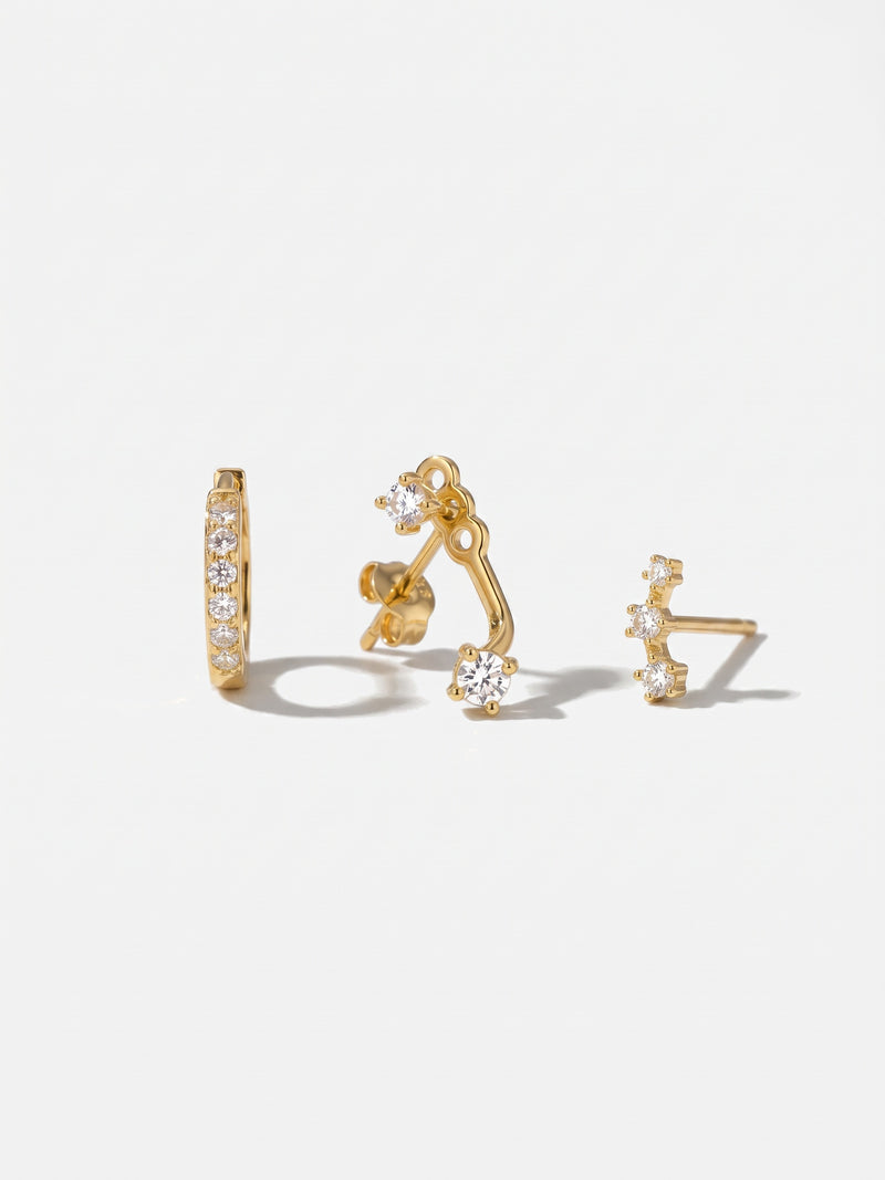 Set de 3 boucles d'oreilles Boucle Trilogie femme, zirconium, argent 925 plaqué or 18 carats, vue de face – Soreli Paris